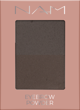 NAM Eyebrow Powder Warm Dark Brown: dwa brązowe cienie w różowym opakowaniu z logo, widok z przodu.
