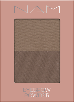 NAM Eyebrow Powder, dwukolorowy puder do brwi w odcieniach brązu, w różowo-brązowym kartonowym opakowaniu.
