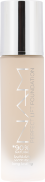 Beżowy podkład Perfect Lift Foundation 90% naturalny, w szklanej butelce z srebrnym dozownikiem, widok z przodu.