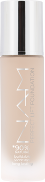 Beżowy podkład MNM Perfect Lift Foundation, 90% naturalny, długotrwały, w szklanej butelce, widok z przodu.