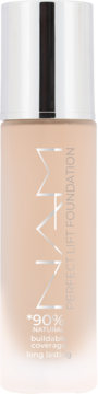 Beżowy podkład MM Perfect Lift w szklanej butelce z pompką, napis Perfect Lift, 90% naturalny, widok z przodu.