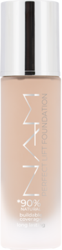 Beżowy podkład Perfect Lift MAMZ w szklanej butelce, długa, widok z przodu, z tekstem 90% naturalny i długotrwały.