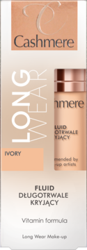 Beżowe pudełko podkładu Cashmere Long Wear Fluid, odcień Ivory, widok z przodu. Pionowy napis na boku.
