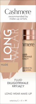 Beżowy podkład Cashmere Long Wear Make-Up Nude w kartoniku, widoczne opakowanie z witaminami C+E+PP.