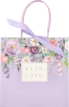 Fioletowa torebka prezentowa z pastelowymi kwiatami, fioletową kokardą i napisem 'WITH LOVE', widok z przodu.