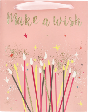 Jasnoróżowa torba prezentowa z brokatowym napisem "Make a wish" i kolorowymi świeczkami, widok z przodu.