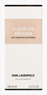 Karl Lagerfeld Fleur De Pêcher Eau De Parfum, białe opakowanie z brzoskwiniowym pasem, widok z przodu.