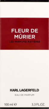 Opakowanie perfum Karl Lagerfeld Fleur de Mûrier, białe z czerwoną etykietą, widok z przodu, pojemność 100 ml.