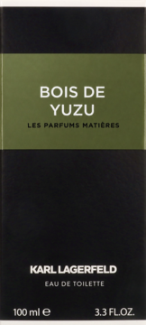 Opakowanie perfum Karl Lagerfeld Bois De Yuzu Eau De Toilette 100 ml, czarno-oliwkowe, widok z przodu.