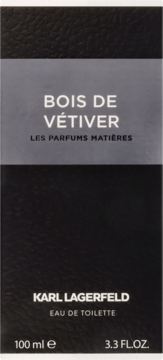 Czarne, teksturowane opakowanie Karl Lagerfeld Bois de Vétiver Eau de Toilette 100 ml, z szarym paskiem, widok z przodu.