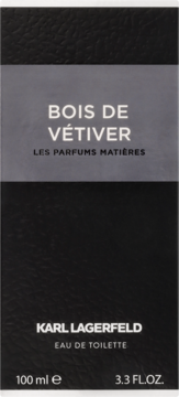Czarne pudełko perfum Karl Lagerfeld Bois de Vétiver EDT 100ml, widok z przodu, szary pasek z nazwą.