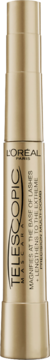 Złota maskara L'Oréal Telescopic, widok z przodu. Smukła tuba, czarny napis, efekt wydłużenia.