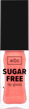 Wibo Sugar Free lip gloss w transparentnej butelce z różowym płynem, czarna nakrętka, widok z przodu.