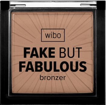 Kwadratowy bronzer Wibo Fake But Fabulous w czarnym kompakcie, widok z góry. Brązowy puder z wzorem promieni.