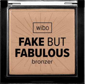 Wibo Fake But Fabulous bronzer w czarnym kompakcie, brązowy puder z wytłoczonym tekstem i promieniami, widok z góry.