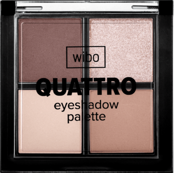 Wibo Quattro paleta cieni, czarne etui, 4 cienie: matowy śliwkowy, błyszczący beż, matowy nude, ciepły brąz. Widok z góry.