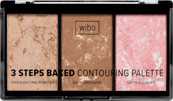 WIBO 3 Steps Baked Contouring Palette: czarna kasetka, 3 marmurkowe wkłady satynowe (jasny, brąz, róż).