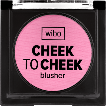 Różowy róż Wibo Cheek to Cheek w czarnym kwadratowym kompakcie z przezroczystym wieczkiem i napisem blusher.