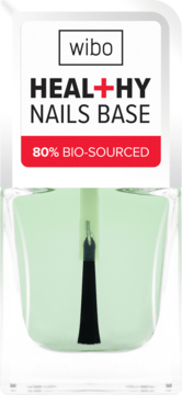 Wibo Healthy Nails Base: zielona, 80% bio-sourced odżywka do paznokci w szklanej butelce, widok z przodu.