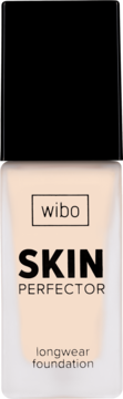 Wibo Skin Perfector longwear foundation w jasnobeżowej szklanej butelce z czarną nakrętką, widok z przodu.