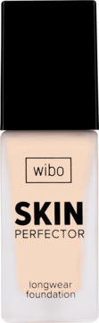 Wibo SKIN PERFECTOR longwear foundation w prostokątnej, beżowej butelce z czarną nakrętką, widok z przodu.