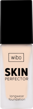 Beżowy podkład Wibo Skin Perfector longwear foundation w prostokątnej, szklanej butelce z czarną nakrętką, widok z przodu.