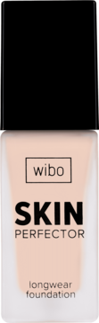 Wibo Skin Perfector longwear foundation w jasnobeżowej butelce z czarną nakrętką, widok z przodu.