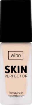 Wibo Skin Perfector, beżowy perfekcjonujący podkład w szklanej butelce z czarną nakrętką, z przodu.