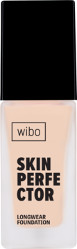 Wibo Skin Perfector Longwear Foundation, beżowy podkład w prostokątnej butelce z czarną nakrętką, widok z przodu.