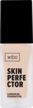 Wibo Skin Perfector Longwear Foundation w szklanej butelce, jasnobeżowy kolor, widok z przodu.