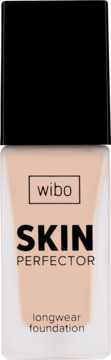 Wibo SKIN PERFECTOR longwear foundation w beżowym odcieniu, w szklanej butelce z czarną nakrętką, widok z przodu.
