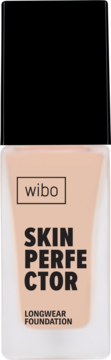Wibo Skin Perfector Longwear Foundation, beżowa butelka z czarnym napisem, widok z przodu.