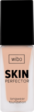 Beżowy podkład Wibo Skin Perfector longwear foundation w matowej szklanej butelce z czarną zakrętką, widok z przodu.