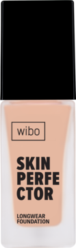 Podkład Wibo Skin Perfector Longwear w przezroczystej butelce z beżową zawartością, czarny korek, widok z przodu.