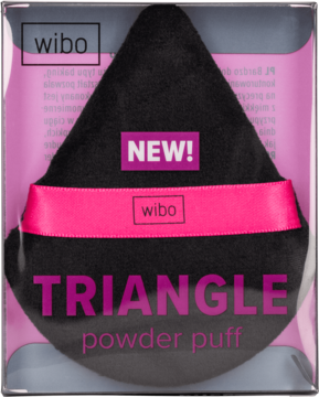 Nowy, czarny Wibo Triangle Powder Puff do bakingu, trójkątny, z różową wstążką, widok w opakowaniu.