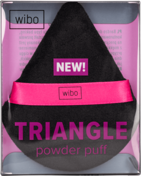 Nowy, czarny Wibo Triangle Powder Puff do bakingu, trójkątny, z różową wstążką, widok w opakowaniu.