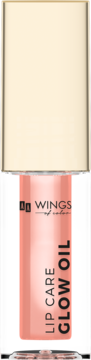 Pielęgnujący olejek do ust Wings Glow Oil 01 Peach, przezroczysta butelka ze złotą zakrętką, widok z przodu.