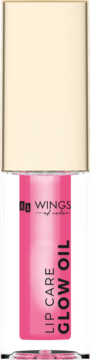 Wings Glow Oil Lip Care, różowy olejek do ust w przezroczystej butelce z złotą zakrętką, widok z przodu.