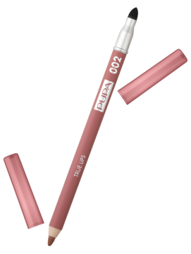 Różowa kredka Pupa True Lips 002 Tea Rose, lekko pod kątem, z odkrytą końcówką i gąbeczką do blendowania.