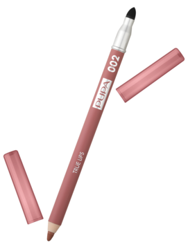 Różowa kredka Pupa True Lips 002 Tea Rose, lekko pod kątem, z odkrytą końcówką i gąbeczką do blendowania.