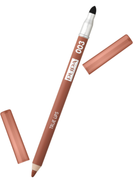Kredka do ust Pupa True Lips 003 Golden Biscuit, beżowo-brązowa, ze zdjętą skuwką i gąbeczką.