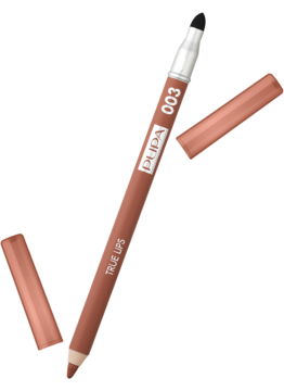 Kredka do ust Pupa True Lips 003 Golden Biscuit, beżowo-brązowa, ze zdjętą skuwką i gąbeczką.