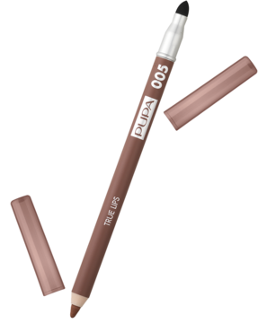Pupa True Lips 005 Raw Sienna, brązowa kredka do ust, ukośnie, z końcówką i gąbeczką blendującą.