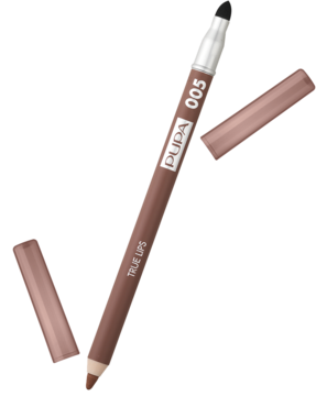 Pupa True Lips 005 Raw Sienna, brązowa kredka do ust, ukośnie, z końcówką i gąbeczką blendującą.