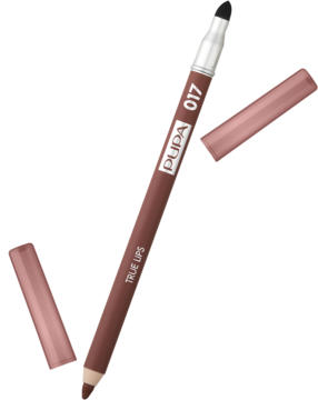 Kredka do ust Pupa True Lips 017 Natural, brązowo-różowa, z gąbeczką do blendowania, widok ukośny ze zdjętą skuwką.
