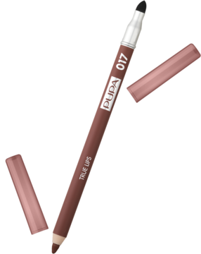 Kredka do ust Pupa True Lips 017 Natural, brązowo-różowa, z gąbeczką do blendowania, widok ukośny ze zdjętą skuwką.