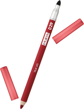 Czerwona kredka Pupa True Lips 029 Fire Red z blendującą gąbeczką, z boku leży odpięta skuwka.