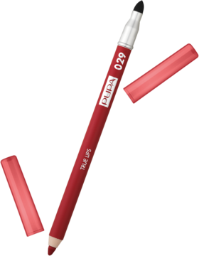 Czerwona kredka Pupa True Lips 029 Fire Red z blendującą gąbeczką, z boku leży odpięta skuwka.