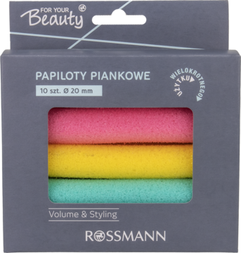 Rossmann papiloty piankowe: 10 sztuk, średnica 20 mm, różowe, żółte i turkusowe wałki widoczne w pudełku.