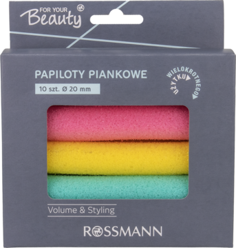Rossmann papiloty piankowe: 10 sztuk, średnica 20 mm, różowe, żółte i turkusowe wałki widoczne w pudełku.